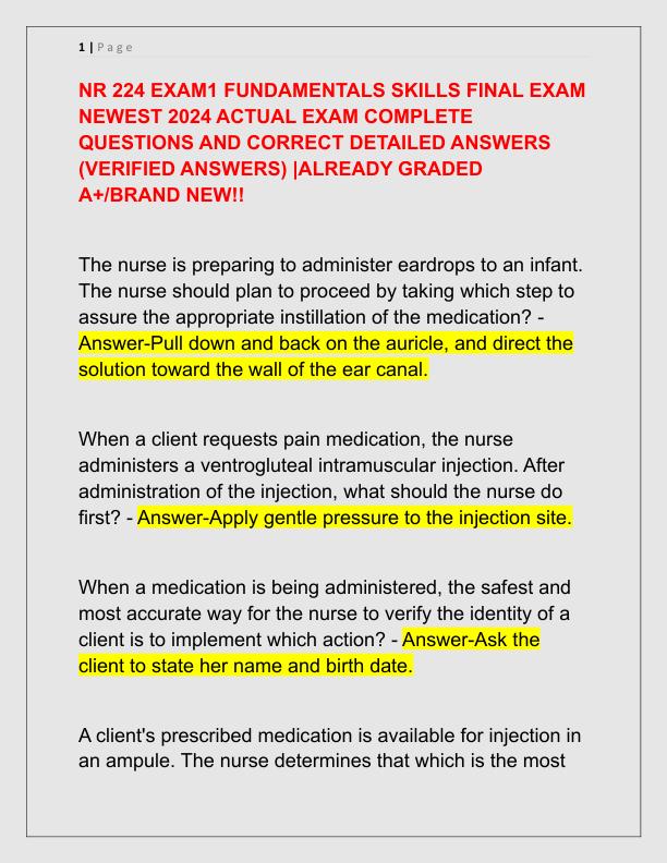 NR 224 EXAM1 FUNDAMENTALS SKILLS FINAL EXAM NEWEST 2024 ACTUAL EXAM COMPLETE QUESTIONS AND CORRECT DETAILED ANSWERS
