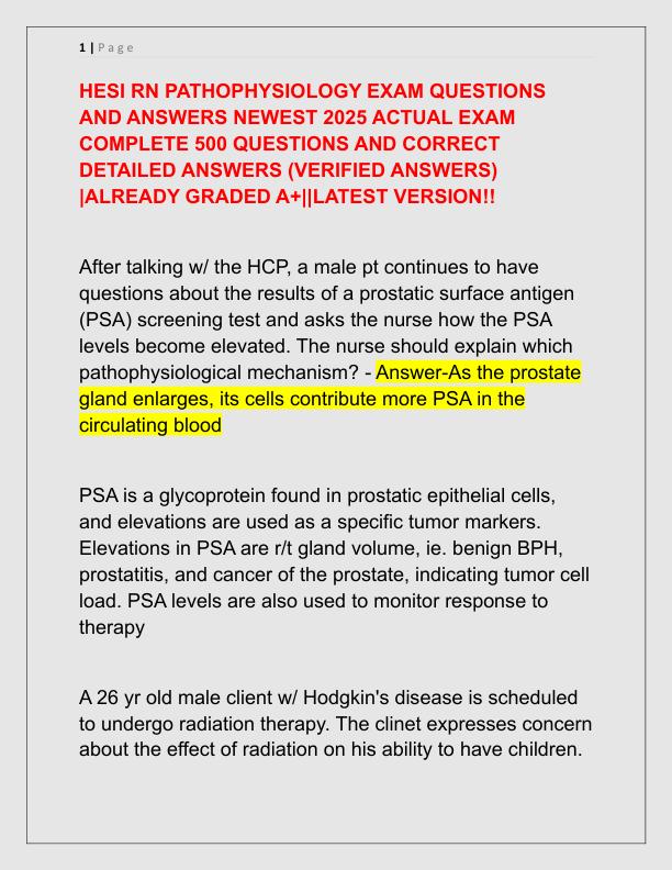 HESI RN PATHOPHYSIOLOGY EXAM QUESTIONS AND ANSWERS NEWEST 2025 ACTUAL EXAM COMPLETE 500 QUESTIONS AND CORRECT DETAILED ANSWERS