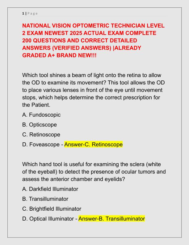 NATIONAL VISION OPTOMETRIC TECHNICIAN LEVEL 2 EXAM NEWEST 2025 ACTUAL EXAM COMPLETE 200 QUESTIONS AND CORRECT DETAILED ANSWERS