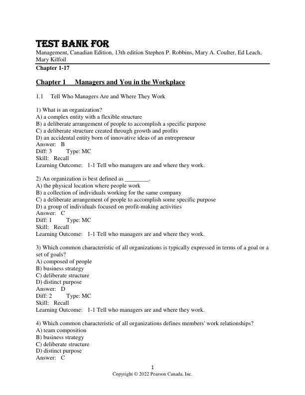 Test Bank For Management, Canadian Edition, 13th Edition by tephen P. Robbins, Mary A. Coulter, Ed Leach, Mary Kilfoil Chapter 1-17
