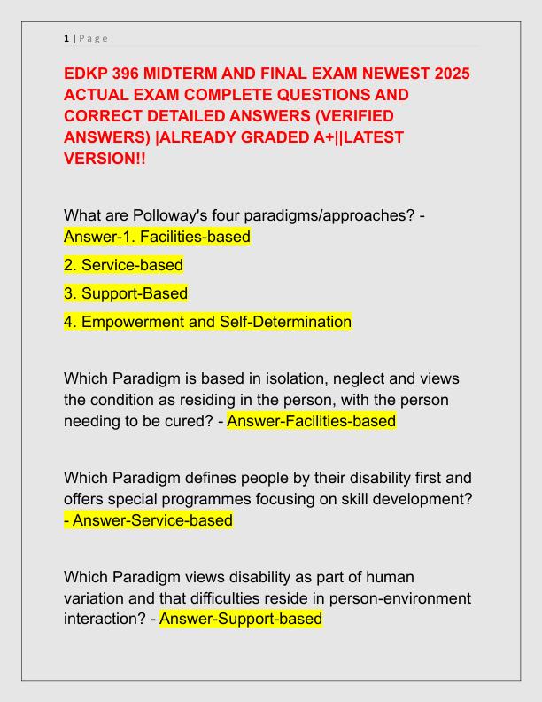 EDKP 396 MIDTERM AND FINAL EXAM NEWEST 2025 ACTUAL EXAM COMPLETE QUESTIONS AND CORRECT DETAILED ANSWERS