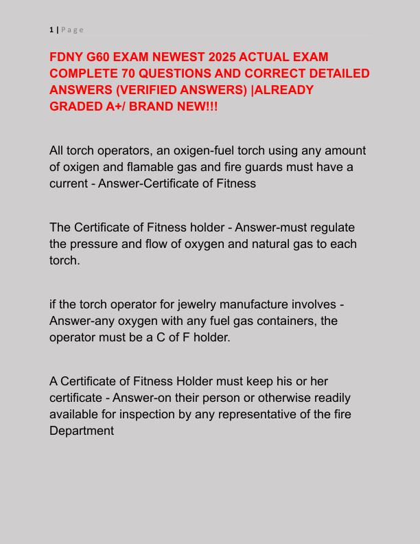 FDNY G60 EXAM NEWEST 2025 ACTUAL EXAM COMPLETE 70 QUESTIONS AND CORRECT DETAILED ANSWERS