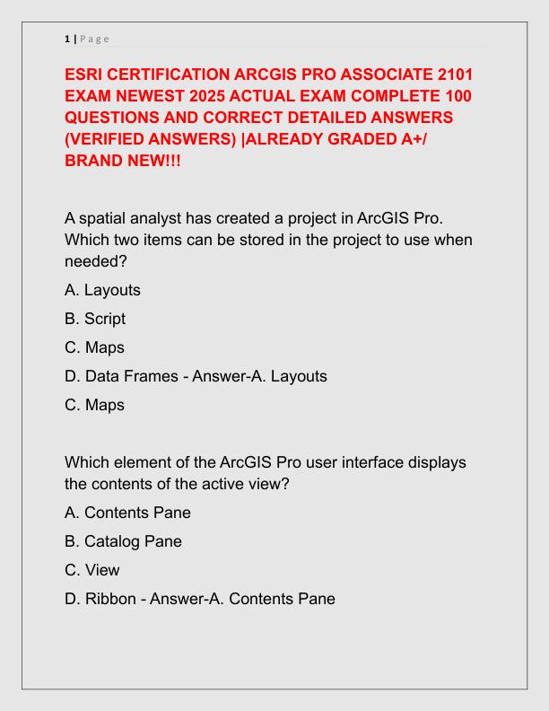 ESRI CERTIFICATION ARCGIS PRO ASSOCIATE 2101 EXAM NEWEST 2025 ACTUAL EXAM COMPLETE 100 QUESTIONS AND CORRECT DETAILED ANSWERS