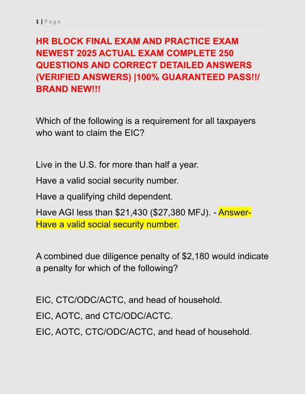HR BLOCK FINAL EXAM AND PRACTICE EXAM NEWEST 2025 ACTUAL EXAM COMPLETE 250 QUESTIONS AND CORRECT DETAILED ANSWERS