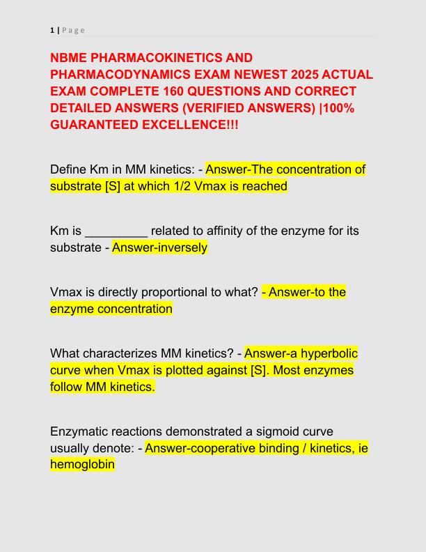 NBME PHARMACOKINETICS AND PHARMACODYNAMICS EXAM NEWEST 2025 ACTUAL EXAM COMPLETE 160 QUESTIONS AND CORRECT DETAILED ANSWERS