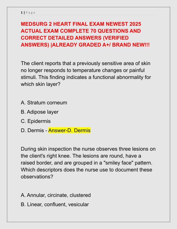 MEDSURG 2 HEART FINAL EXAM NEWEST 2025 ACTUAL EXAM COMPLETE 70 QUESTIONS AND CORRECT DETAILED ANSWERS