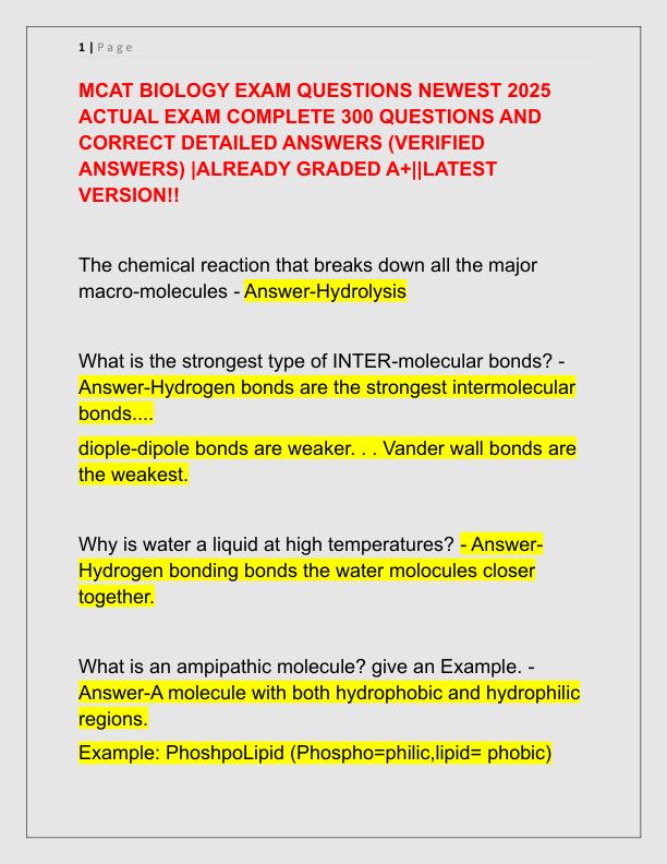 MCAT BIOLOGY EXAM QUESTIONS NEWEST 2025 ACTUAL EXAM COMPLETE 300 QUESTIONS AND CORRECT DETAILED ANSWERS