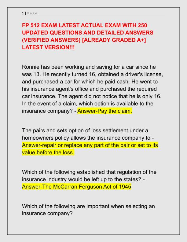 FP 512 EXAM LATEST ACTUAL EXAM WITH 250 UPDATED QUESTIONS AND DETAILED ANSWERS