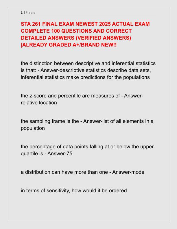 STA 261 FINAL EXAM NEWEST 2025 ACTUAL EXAM COMPLETE 100 QUESTIONS AND CORRECT DETAILED ANSWERS
