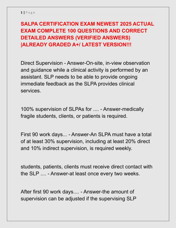 SALPA CERTIFICATION EXAM NEWEST 2025 ACTUAL EXAM COMPLETE 100 QUESTIONS AND CORRECT DETAILED ANSWERS