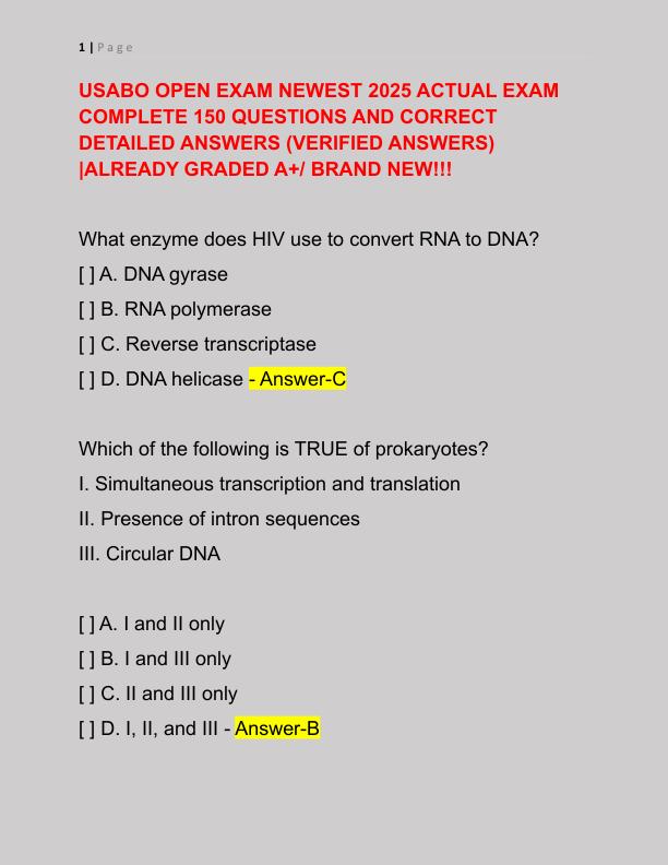 USABO OPEN EXAM NEWEST 2025 ACTUAL EXAM COMPLETE 150 QUESTIONS AND CORRECT DETAILED ANSWERS
