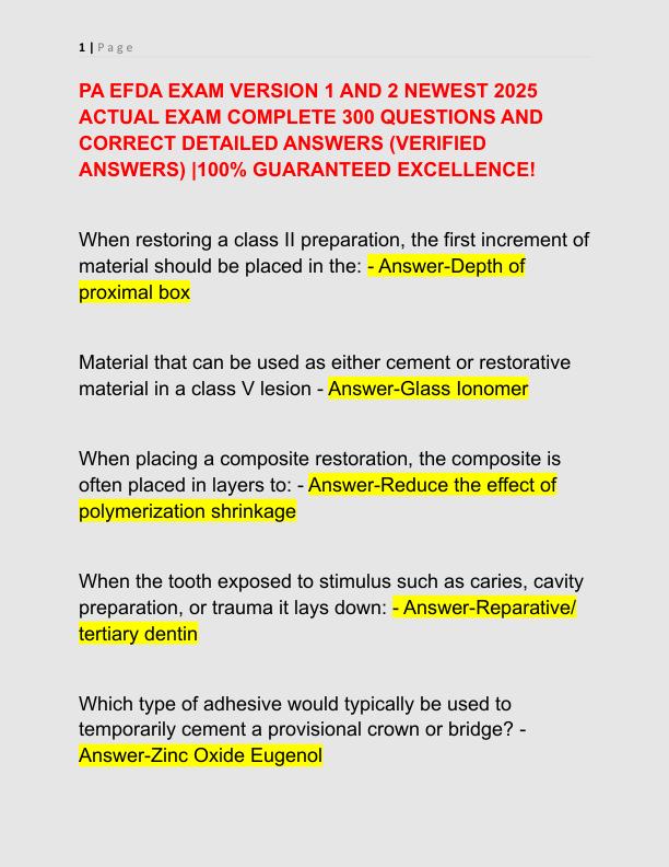 PA EFDA EXAM VERSION 1 AND 2 NEWEST 2025 ACTUAL EXAM COMPLETE 300 QUESTIONS AND CORRECT DETAILED ANSWERS