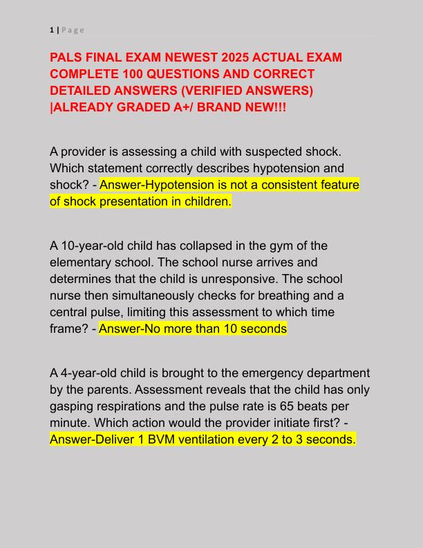 PALS FINAL EXAM NEWEST 2025 ACTUAL EXAM COMPLETE 100 QUESTIONS AND CORRECT DETAILED ANSWERS