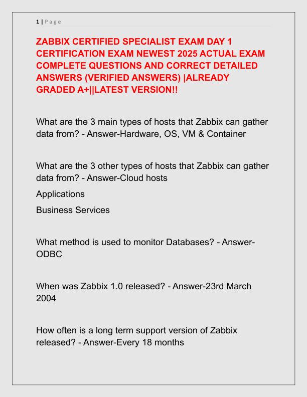 ZABBIX CERTIFIED SPECIALIST EXAM DAY 1 CERTIFICATION EXAM NEWEST 2025 ACTUAL EXAM COMPLETE QUESTIONS AND CORRECT DETAILED ANSWERS