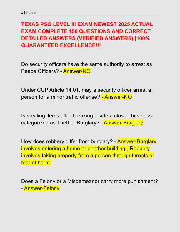 TEXAS PSO LEVEL III EXAM NEWEST 2025 ACTUAL EXAM COMPLETE 150 QUESTIONS AND CORRECT DETAILED ANSWERS