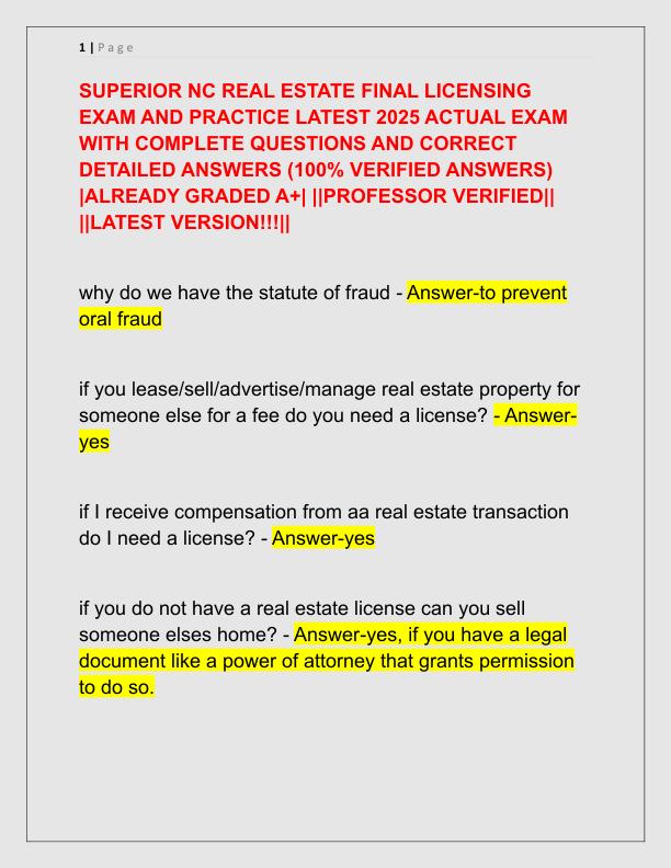 SUPERIOR NC REAL ESTATE FINAL LICENSING EXAM AND PRACTICE LATEST 2025 ACTUAL EXAM WITH COMPLETE QUESTIONS AND CORRECT DETAILED ANSWERS
