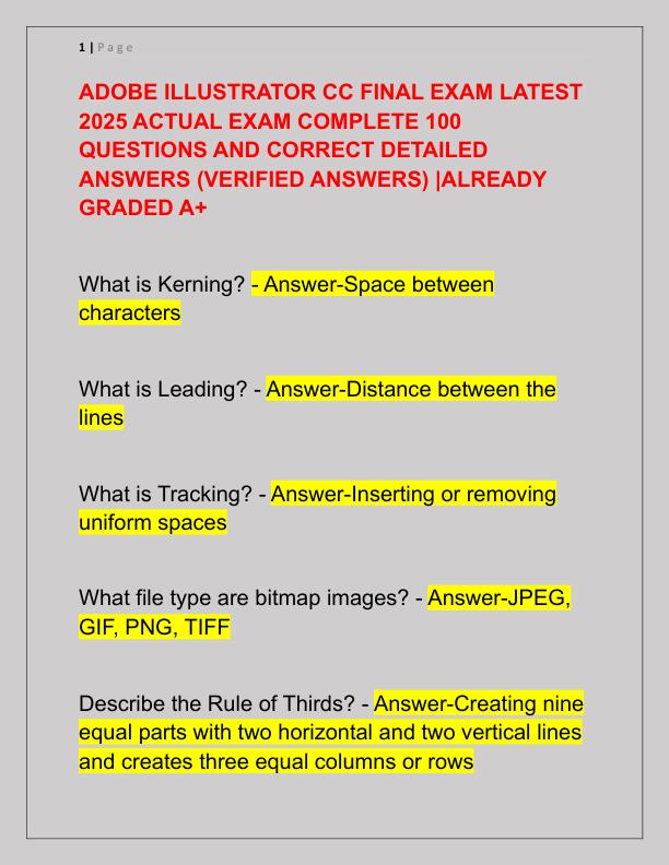 ADOBE ILLUSTRATOR CC FINAL EXAM LATEST 2025 ACTUAL EXAM COMPLETE 100 QUESTIONS AND CORRECT DETAILED ANSWERS