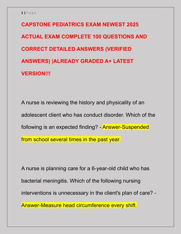 CAPSTONE PEDIATRICS EXAM NEWEST 2025 ACTUAL EXAM COMPLETE 100 QUESTIONS AND CORRECT DETAILED ANSWERS