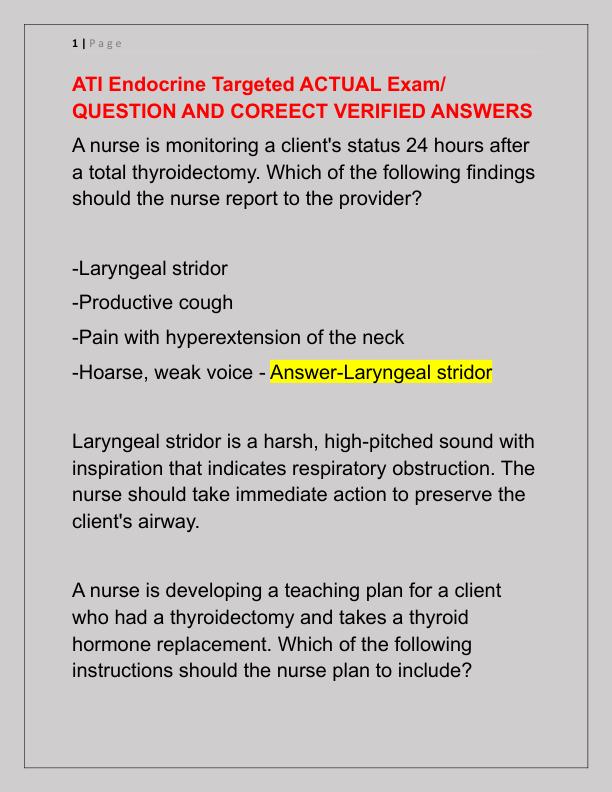 ATI Endocrine Targeted ACTUAL Exam