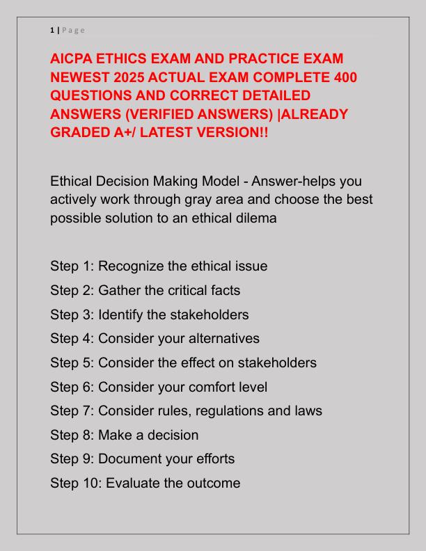 AICPA ETHICS EXAM AND PRACTICE EXAM NEWEST 2025 ACTUAL EXAM COMPLETE 400 QUESTIONS AND CORRECT DETAILED ANSWERS