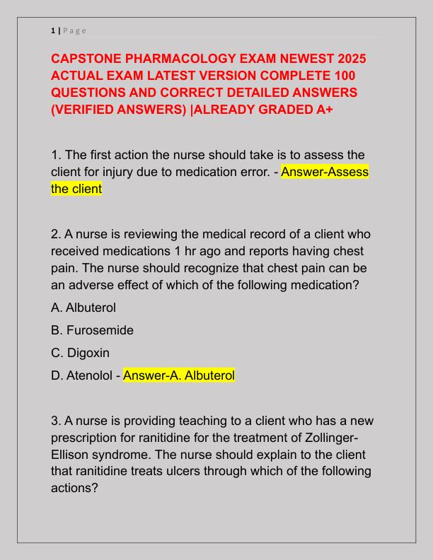 CAPSTONE PHARMACOLOGY EXAM NEWEST 2025 ACTUAL EXAM LATEST VERSION COMPLETE 100 QUESTIONS AND CORRECT DETAILED ANSWERS
