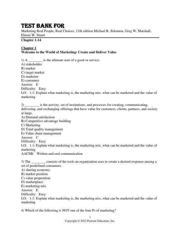 Test Bank For Marketing Real People, Real Choices, 11th Edition by Michael R. Solomon, Greg W. Marshall, Elnora W. Stuart Chapter 1-14