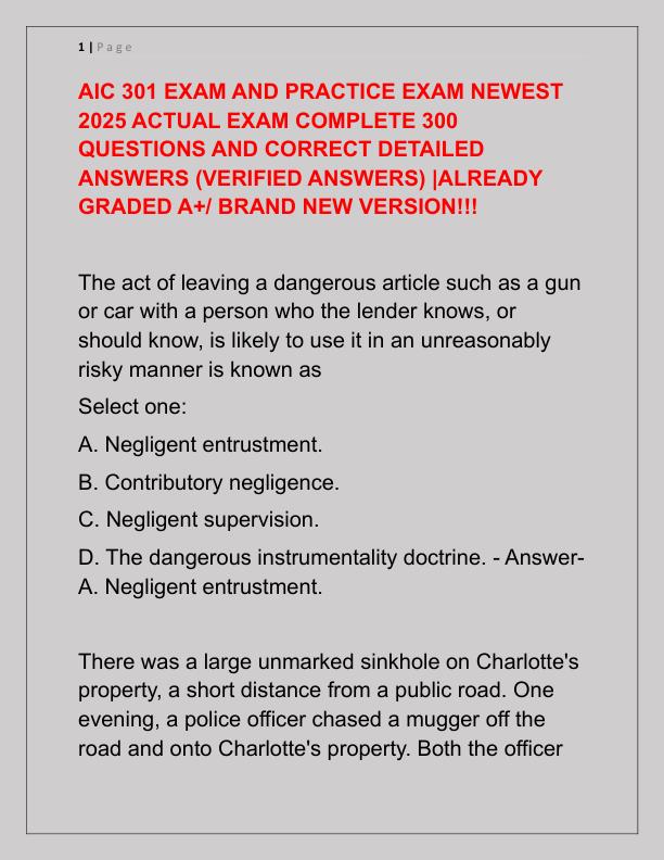 AIC 301 EXAM AND PRACTICE EXAM NEWEST 2025 ACTUAL EXAM COMPLETE 300 QUESTIONS AND CORRECT DETAILED ANSWERS