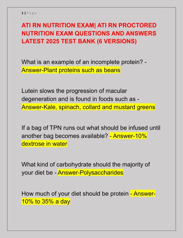 ATI RN NUTRITION EXA1