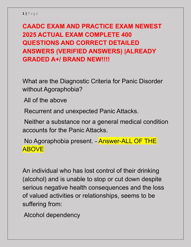 CAADC EXAM AND PRACTICE EXAM NEWEST 2025 ACTUAL EXAM COMPLETE 400 QUESTIONS AND CORRECT DETAILED ANSWERS