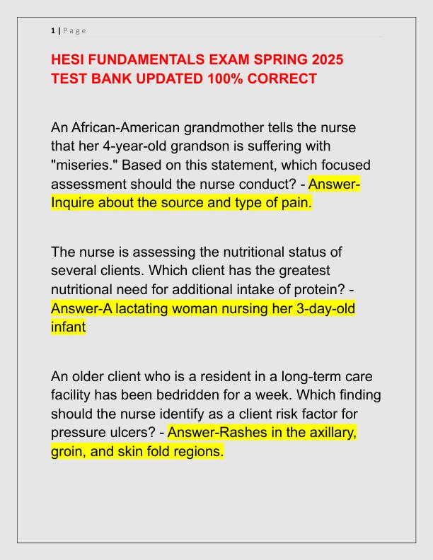 HESI FUNDAMENTALS EXAM SPRING 2025 TEST BANK UPDATED 100