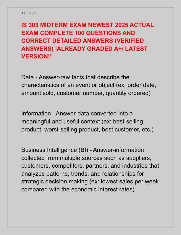 IS 303 MIDTERM EXAM NEWEST 2025 ACTUAL EXAM COMPLETE 100 QUESTIONS AND CORRECT DETAILED ANSWERS