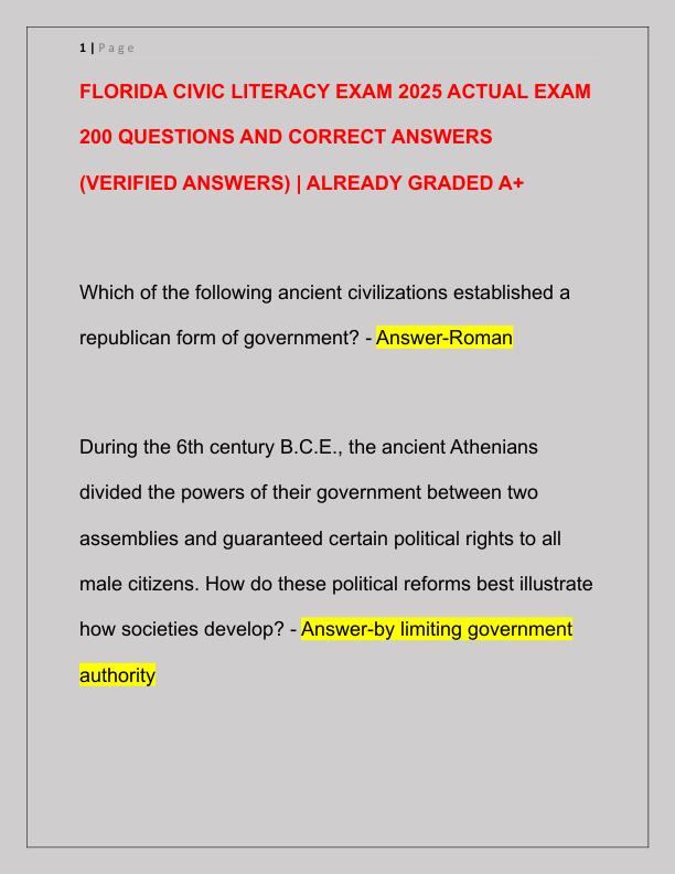 FLORIDA CIVIC LITERACY EXAM 2025 ACTUAL EXAM 200 QUESTIONS AND CORRECT ANSWERS