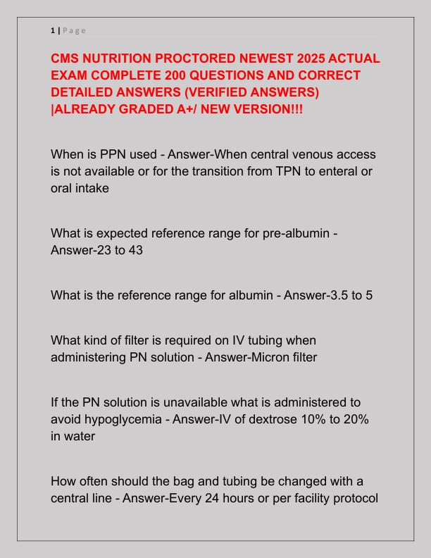 CMS NUTRITION PROCTORED NEWEST 2025 ACTUAL EXAM COMPLETE 200 QUESTIONS AND CORRECT DETAILED ANSWERS