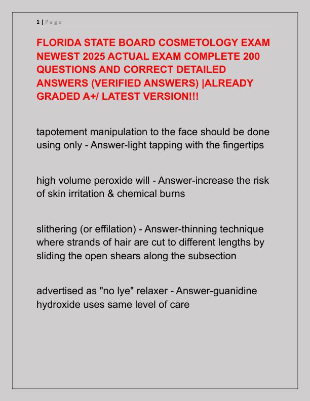 FLORIDA STATE BOARD COSMETOLOGY EXAM NEWEST 2025 ACTUAL EXAM COMPLETE 200 QUESTIONS AND CORRECT DETAILED ANSWERS