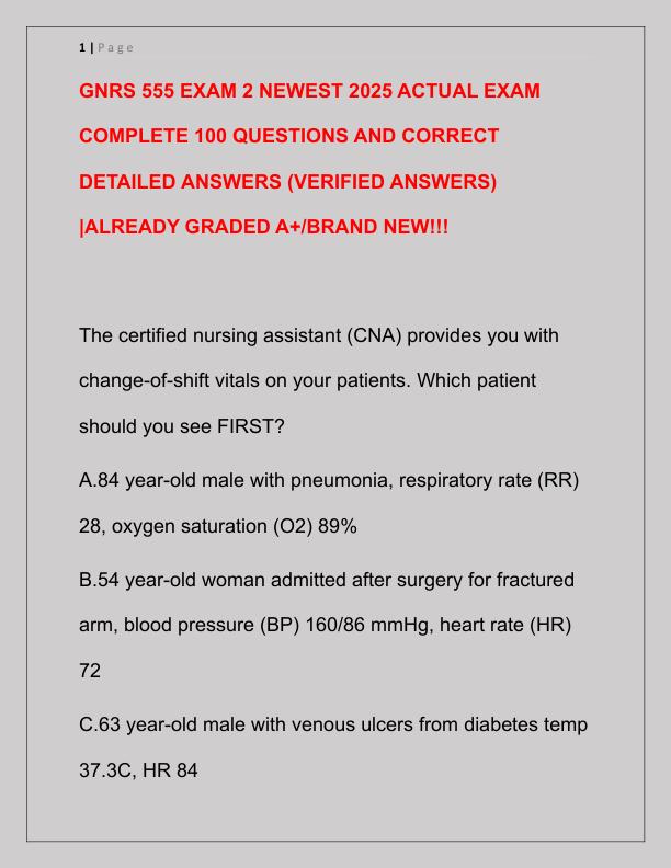 GNRS 555 EXAM 2 NEWEST 2025 ACTUAL EXAM COMPLETE 100 QUESTIONS AND CORRECT DETAILED ANSWERS