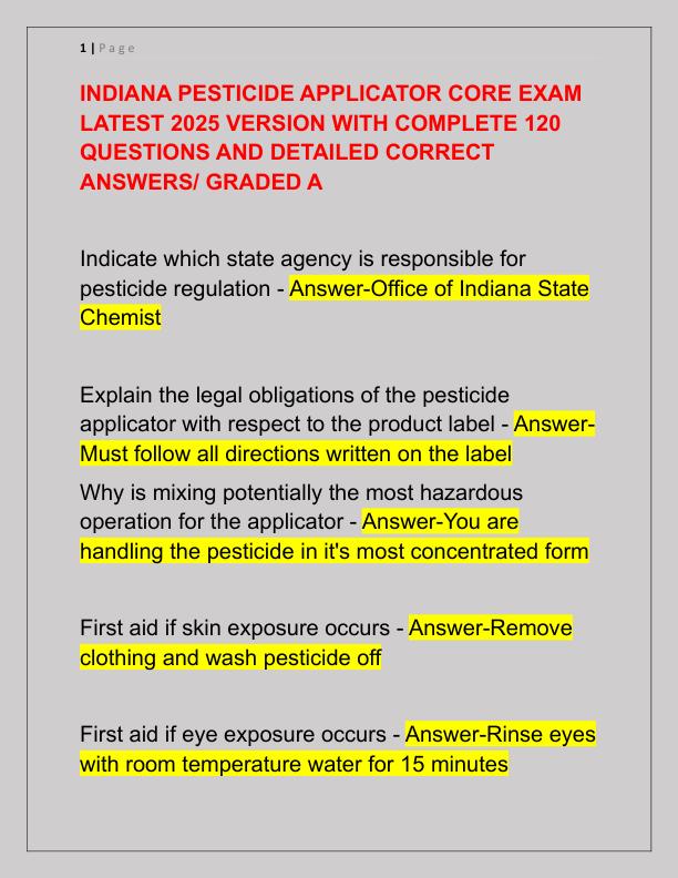 INDIANA PESTICIDE APPLICATOR CORE EXAM LATEST 2025 VERSION WITH COMPLETE 120 QUESTIONS AND DETAILED CORRECT ANSWERS