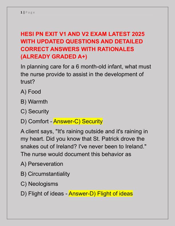 HESI PN EXIT V1 AND V2 EXAM LATEST 2025 WITH UPDATED QUESTIONS AND DETAILED CORRECT ANSWERS WITH RATIONALES
