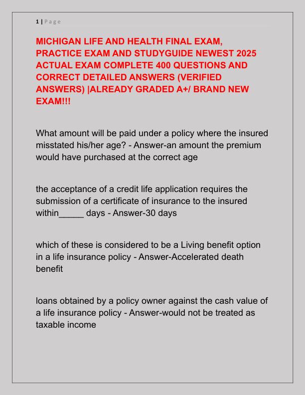 MICHIGAN LIFE AND HEALTH FINAL EXAM