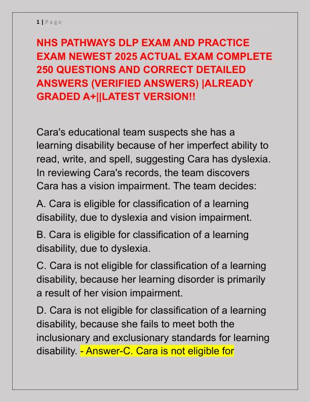 NHS PATHWAYS DLP EXAM AND PRACTICE EXAM NEWEST 2025 ACTUAL EXAM COMPLETE 250 QUESTIONS AND CORRECT DETAILED ANSWERS