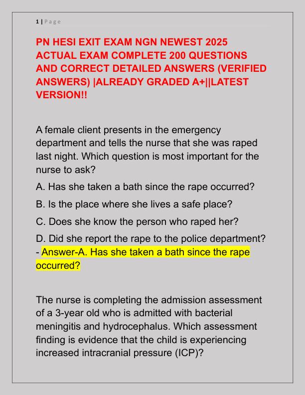 PN HESI EXIT EXAM NGN NEWEST 2025 ACTUAL EXAM COMPLETE 200 QUESTIONS AND CORRECT DETAILED ANSWERS