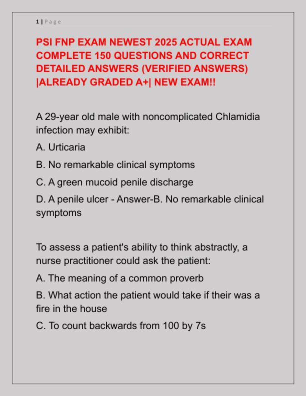 PSI FNP EXAM NEWEST 2025 ACTUAL EXAM COMPLETE 150 QUESTIONS AND CORRECT DETAILED ANSWERS