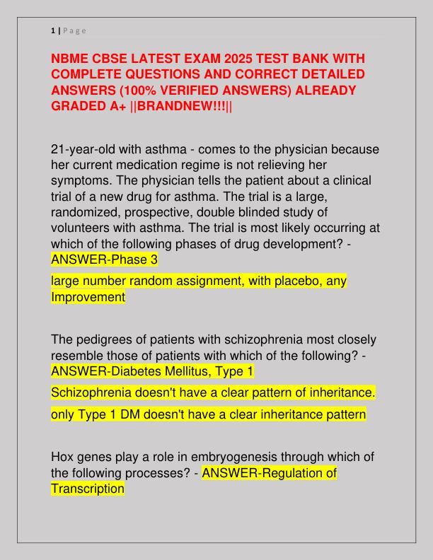 NBME CBSE LATEST EXAM 2025 TEST BANK WITH COMPLETE QUESTIONS AND CORRECT DETAILED ANSWERS