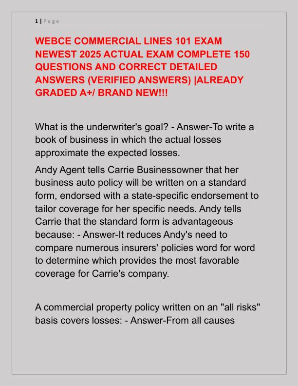WEBCE COMMERCIAL LINES 101 EXAM NEWEST 2025 ACTUAL EXAM COMPLETE 150 QUESTIONS AND CORRECT DETAILED ANSWERS