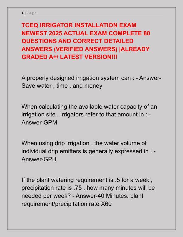 TCEQ IRRIGATOR INSTALLATION EXAM NEWEST 2025 ACTUAL EXAM COMPLETE 80 QUESTIONS AND CORRECT DETAILED ANSWERS