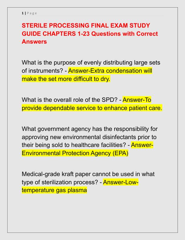STERILE PROCESSING FINAL EXAM STUDY GUIDE CHAPTERS 1