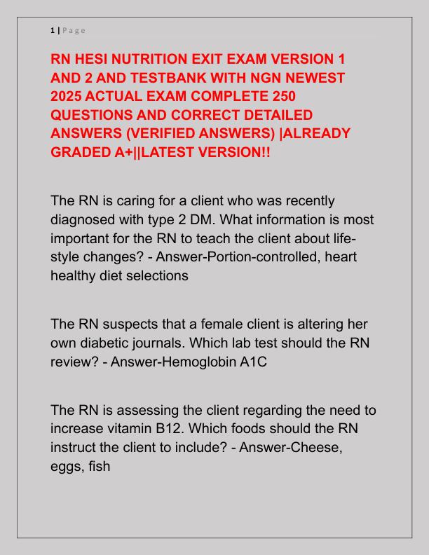 RN HESI NUTRITION EXIT EXAM VERSION 1 AND 2 AND TESTBANK WITH NGN NEWEST 2025 ACTUAL EXAM COMPLETE 250 QUESTIONS AND CORRECT DETAILED ANSWERS