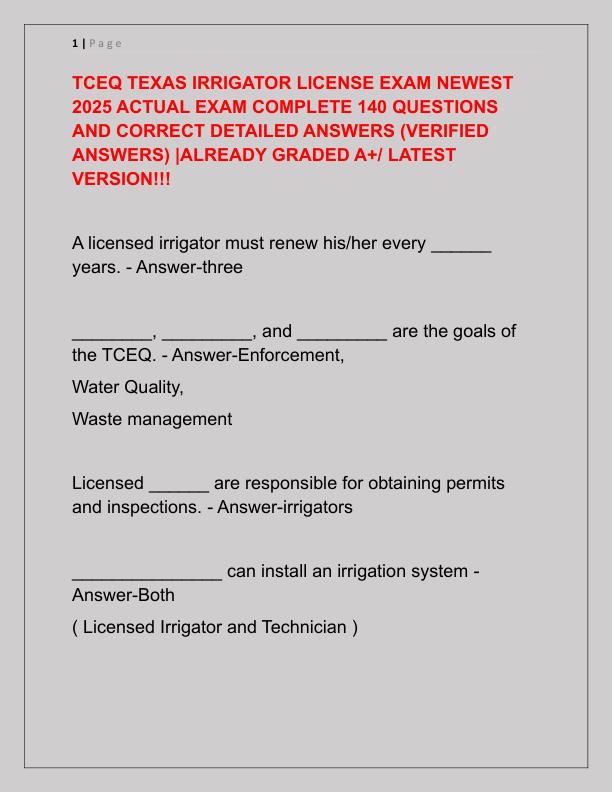 TCEQ TEXAS IRRIGATOR LICENSE EXAM NEWEST 2025 ACTUAL EXAM COMPLETE 140 QUESTIONS AND CORRECT DETAILED ANSWERS