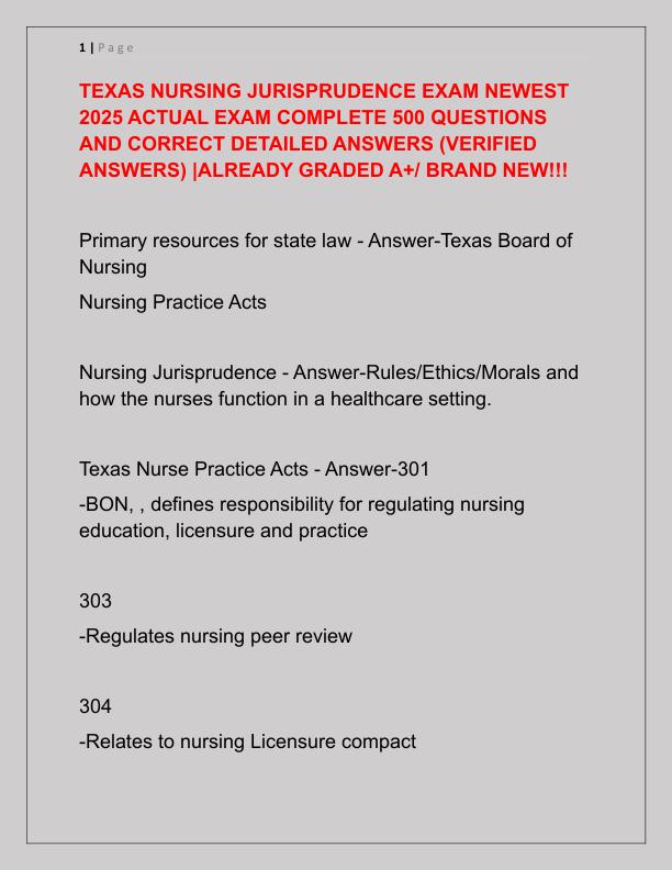 TEXAS NURSING JURISPRUDENCE EXAM NEWEST 2025 ACTUAL EXAM COMPLETE 500 QUESTIONS AND CORRECT DETAILED ANSWERS