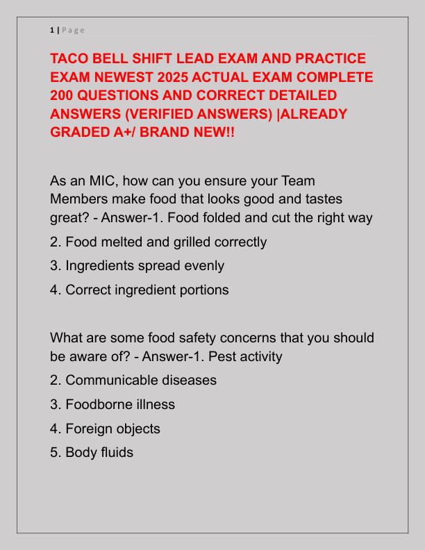 TACO BELL SHIFT LEAD EXAM AND PRACTICE EXAM NEWEST 2025 ACTUAL EXAM COMPLETE 200 QUESTIONS AND CORRECT DETAILED ANSWERS