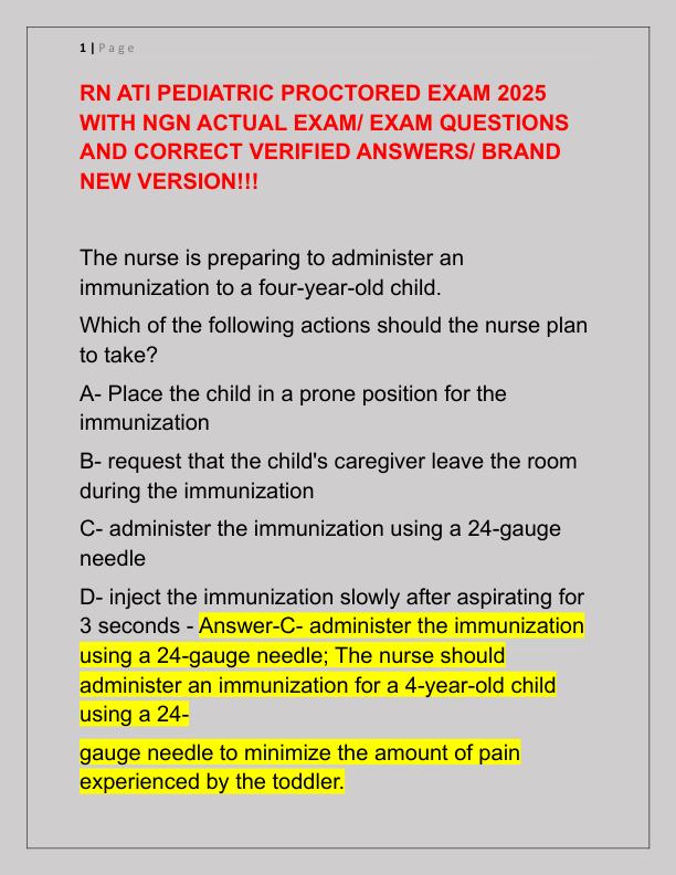 RN ATI PEDIATRIC PROCTORED EXAM 2025 WITH NGN ACTUAL EXAM